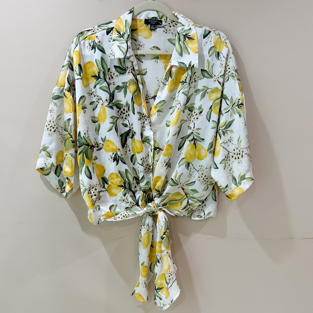 HAVER London Lemon Print Tie Front Blouse Satin Button Cropped Top Women’s XL